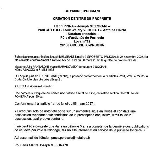 Avis de création de titre de propriété - Commune d'Aucciani (Pumonti)