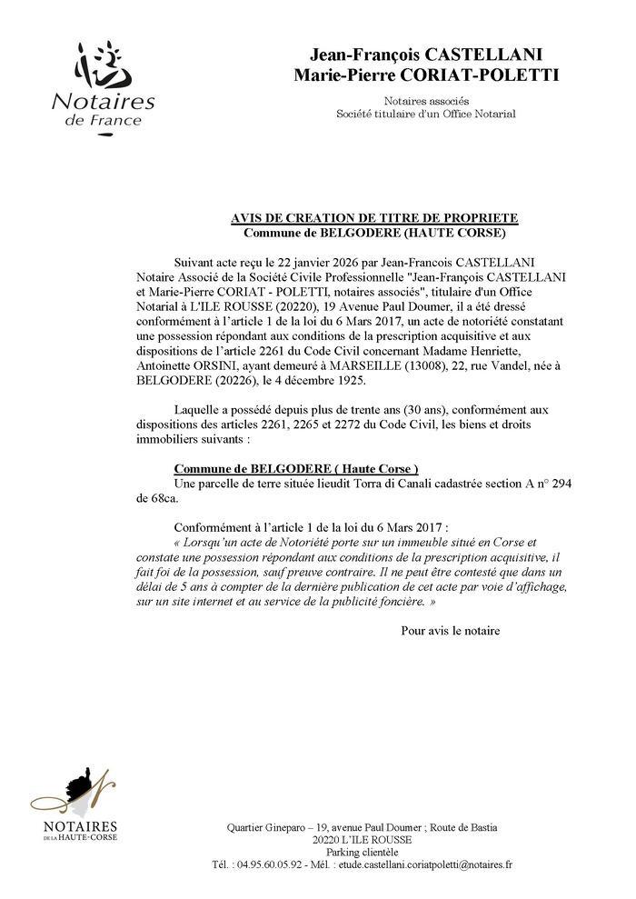 Avis de création de titre de propriété - Commune de Belgudè (Cismonte)