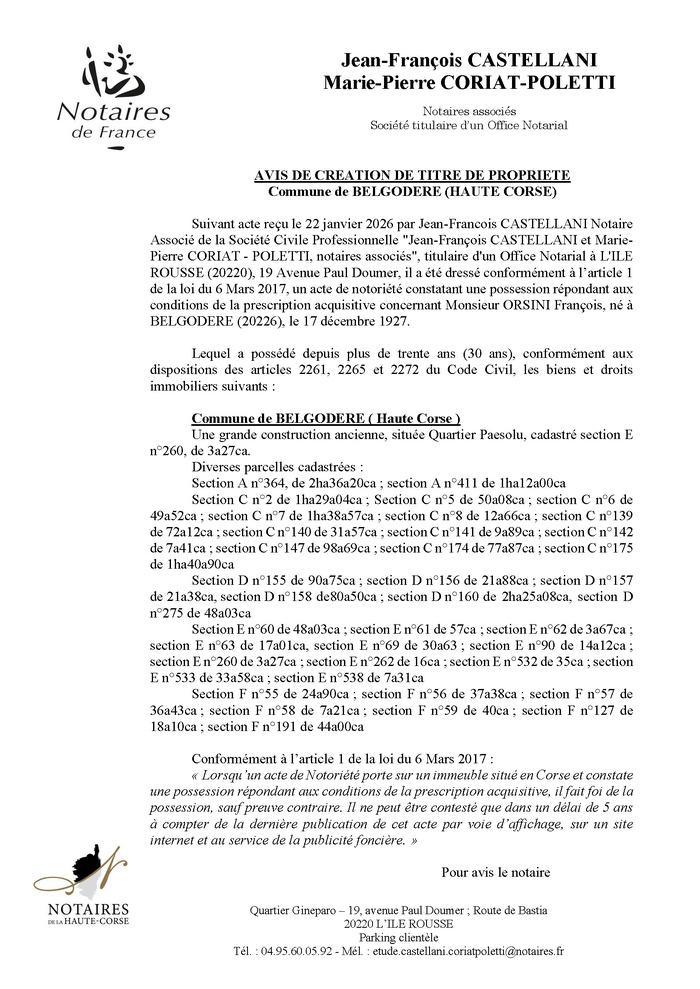 Avis de création de titre de propriété - Commune de Belgudè (Cismonte)