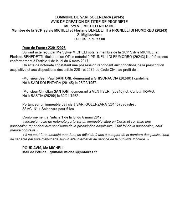Avis de création de titre de propriété - Commune de Sari è Sulinzara (Cismonte)