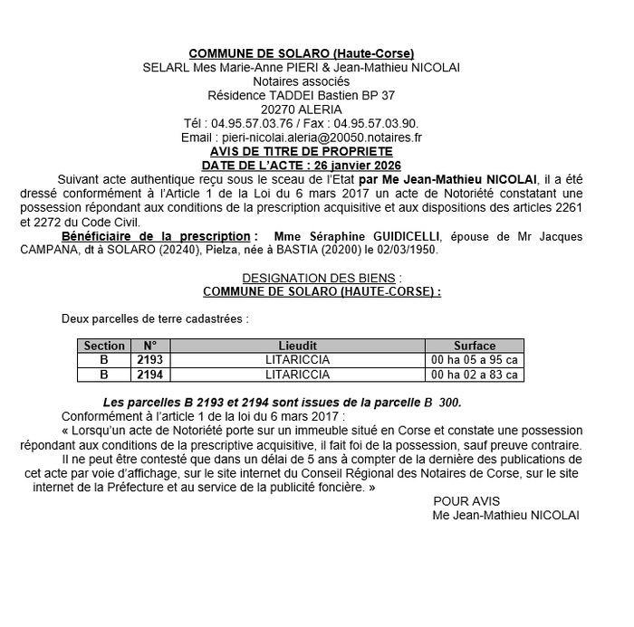 Avis de création de titre de propriété - Commune d'U Sulaghju (Cismonte)