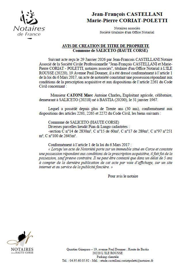 Avis de création de titre de propriété - Commune d'U Salgetu (Cismonte)