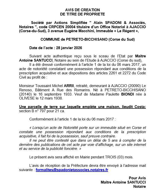 Avis de création de titre de propriété - Commune de Pitretu è Bicchisgià (Pumonti)