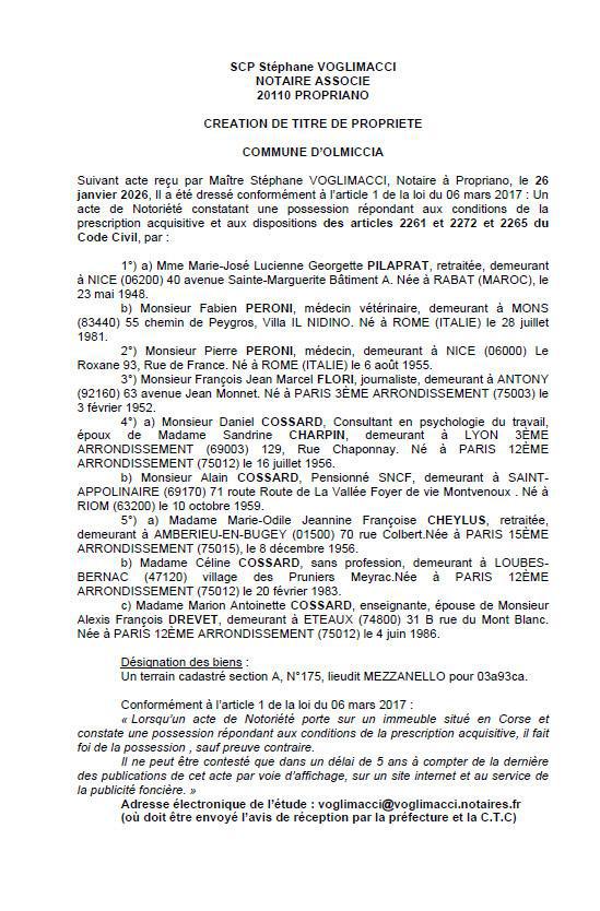 Avis de création de titre de propriété - Commune d'Ulmiccia (Pumonti)