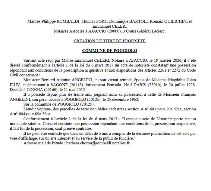 Avis de création de titre de propriété - Commune d'U Pighjolu (Pumonti)