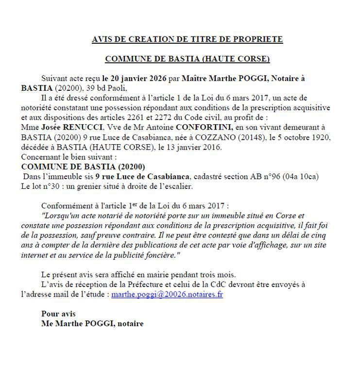 Avis de création de titre de propriété - Commune de Bastia (Cismonte)