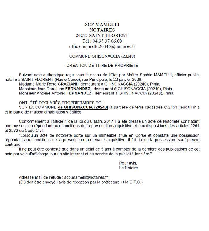 Avis de création de titre de propriété - Commune d'A Ghisunaccia (Cismonte)
