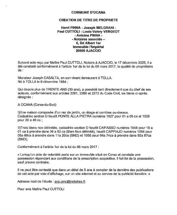 Avis de création de titre de propriété - Commune d'Ocana (Pumonti)