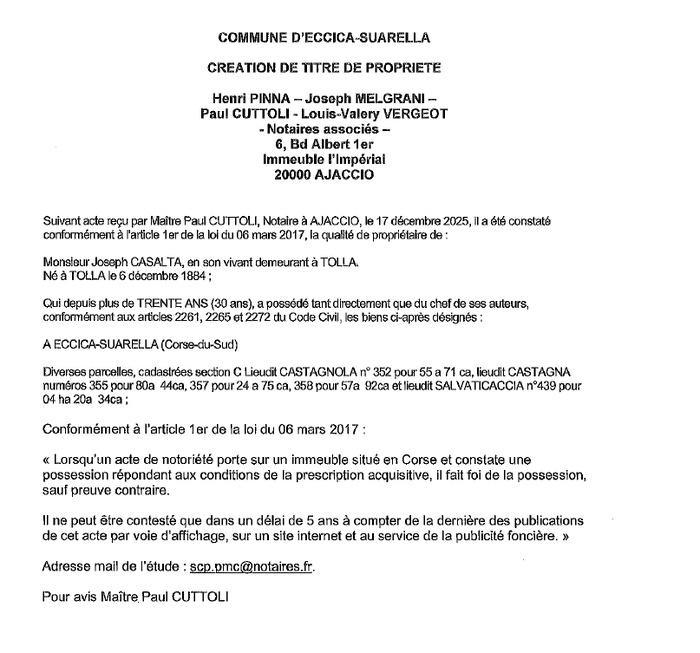 Avis de création de titre de propriété - Commune d'Eccica è Suaredda (Pumonti)