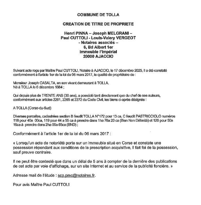 Avis de création de titre de propriété - Commune de Todda (Pumonti)