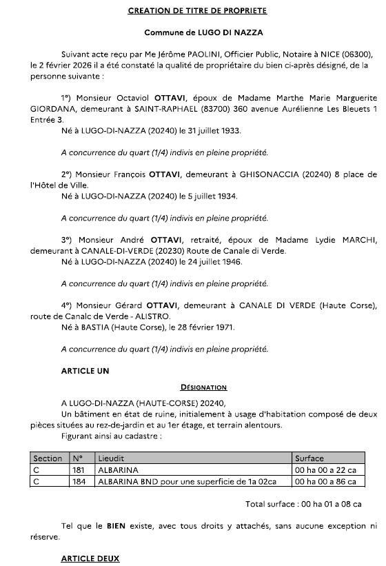 Avis de création de titre de propriété - Commune d'U Lugu di Nazza (Cismonte)