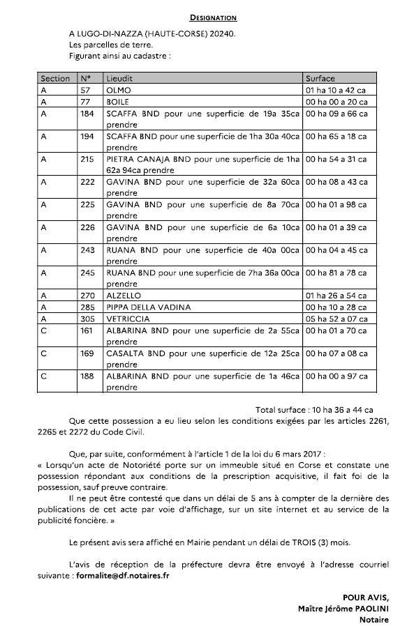 Avis de création de titre de propriété - Commune d'U Lugu di Nazza (Cismonte)