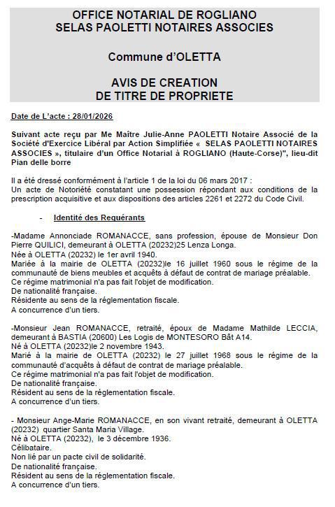 Avis de création de titre de propriété - Commune d'Oletta (Cismonte)