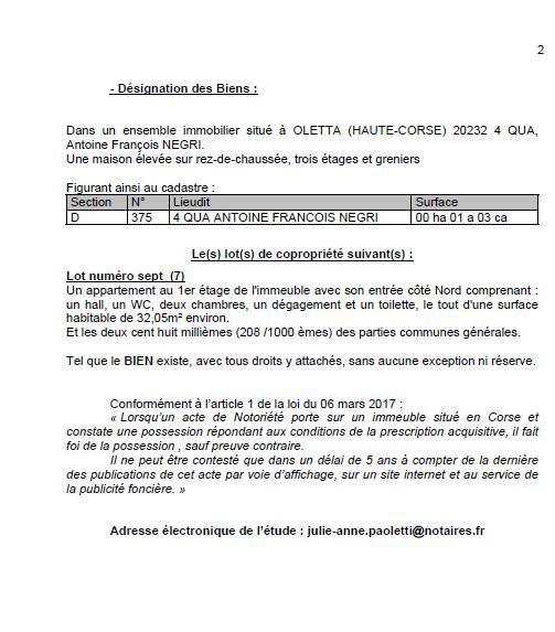 Avis de création de titre de propriété - Commune d'Oletta (Cismonte)