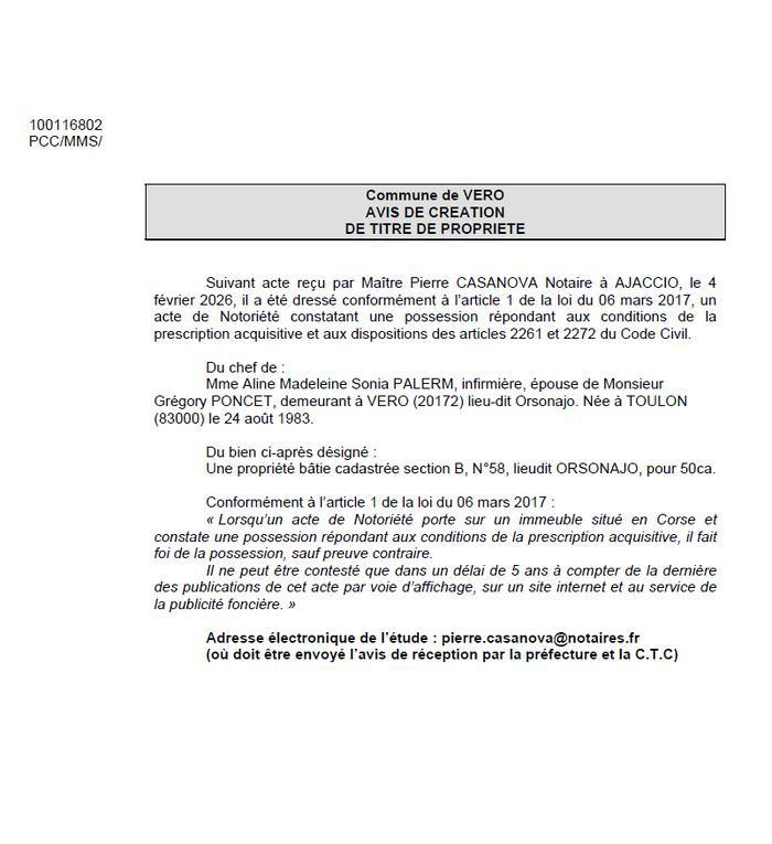 Avis de création de titre de propriété - Commune de Veru (Pumonti)
