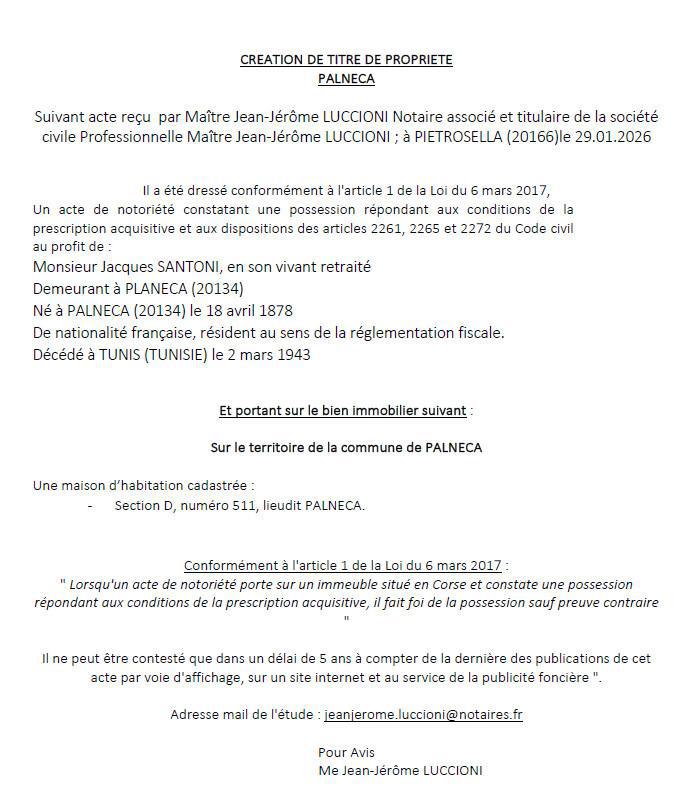 Avis de création de titre de propriété - Commune de Palleca (Pumonti)