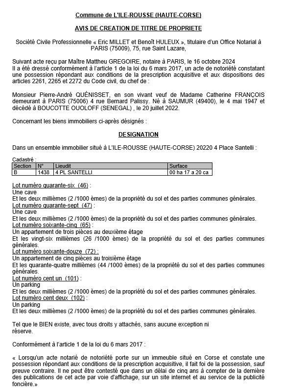 Avis de création de titre de propriété - Commune de L'Isula (Cismonte)