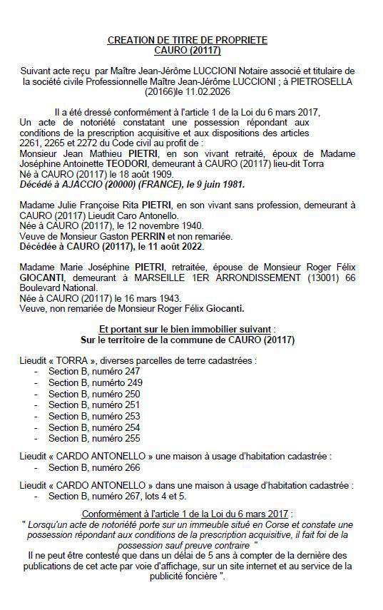 Avis de création de titre de propriété - Commune de Cavru (Pumonti)