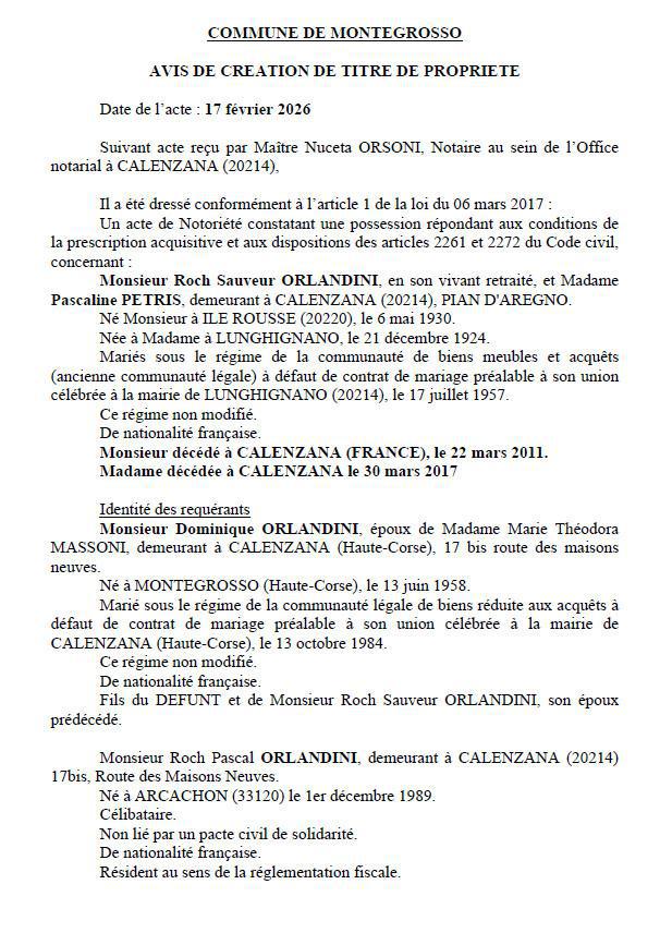 Avis de création de titre de propriété - Commune de Montegrossu (Cismonte)