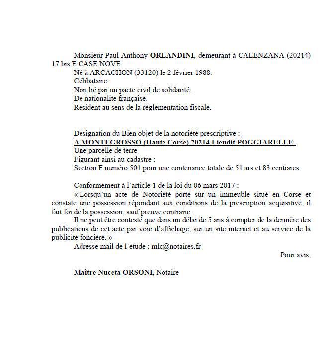 Avis de création de titre de propriété - Commune de Montegrossu (Cismonte)