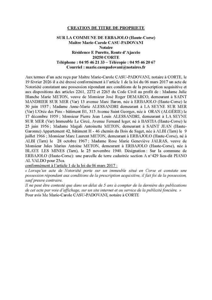 Avis de création de titre de propriété - Commune d'Erbaghjolu (Cismonte)