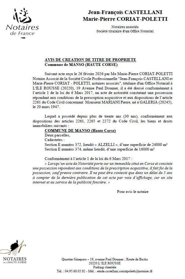 Avis de création de titre de propriété - Commune d'U Mansu (Cismonte)