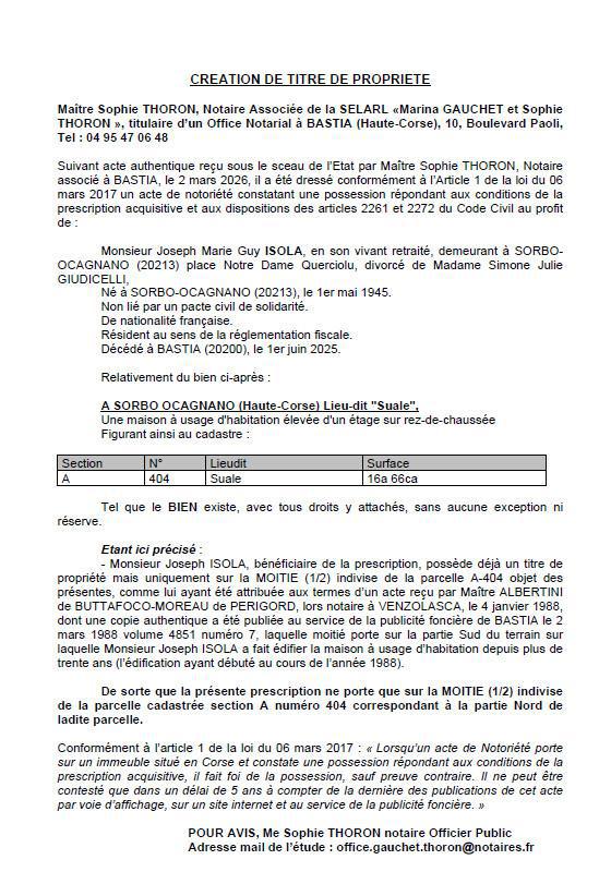 Avis de création de titre de propriété - Commune de Sorbu è Ocagnanu (Cismonte)