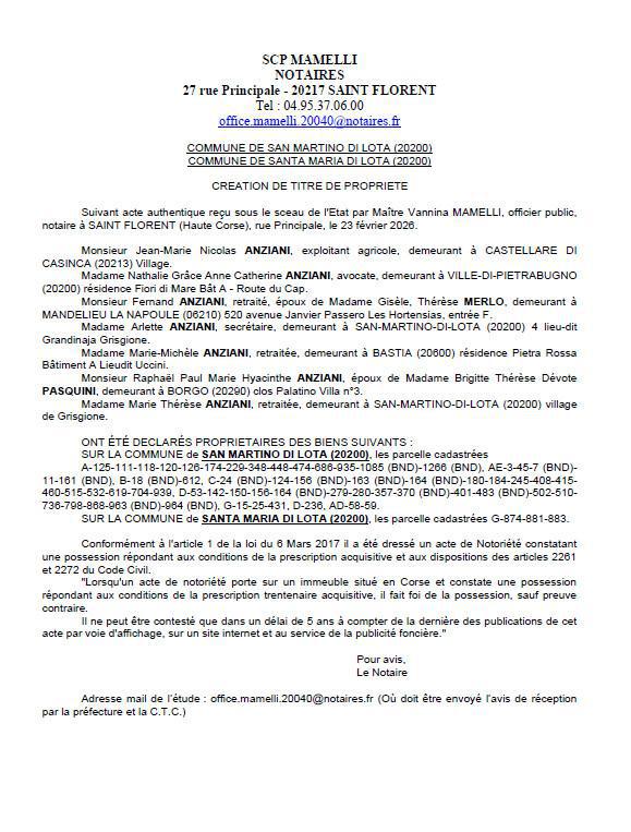 Avis de création de titre de propriété - Communes de San Martinu di Lota et Santa Maria di Lota (Cismonte)