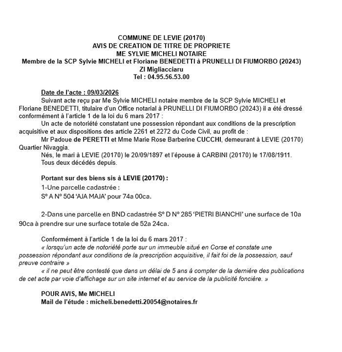 Avis de création de titre de propriété - Commune de Livia (Pumonti)