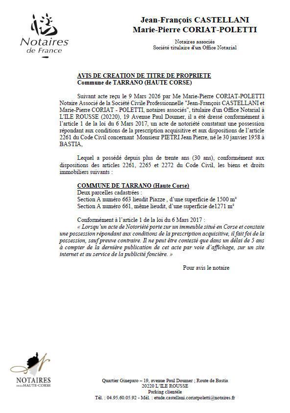 Avis de création de titre de propriété - Commune de Tarranu (Cismonte)
