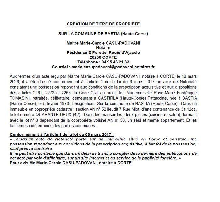 Avis de création de titre de propriété - Commune de Bastia (Cismonte)