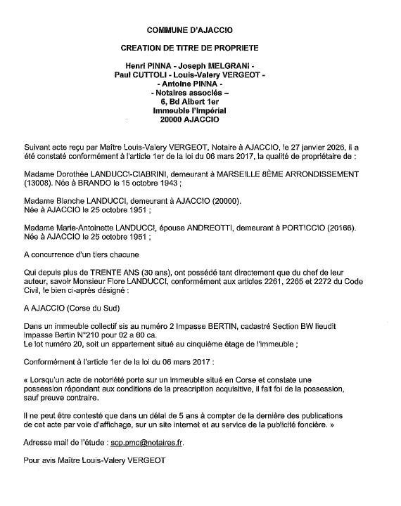 Avis de création de titre de propriété - Commune d'Aiacciu (Pumonti)