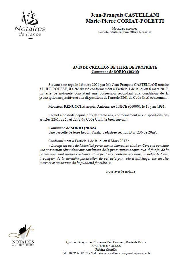Avis de création de titre de propriété - Commune de Soriu (Cismonte)