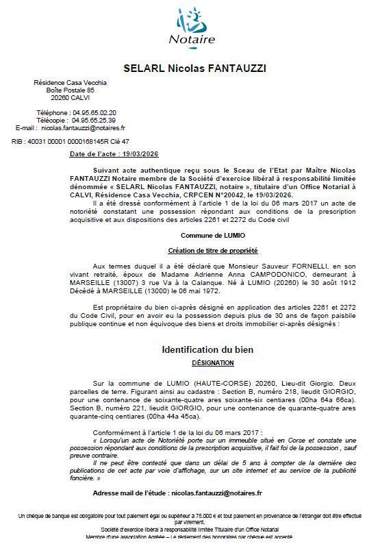 Avis de création de titre de propriété - Commune de Lumiu (Cismonte)