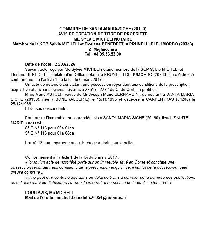 Avis de création de titre de propriété - Commune de Santa Maria Sichè (Pumonti)