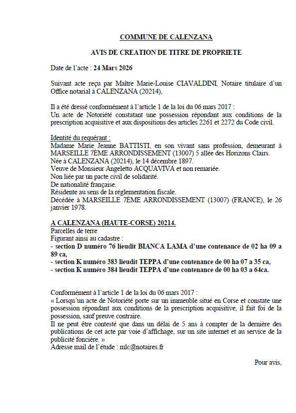 Avis de création de titre de propriété - Commune de Calinzana (Cismonte)