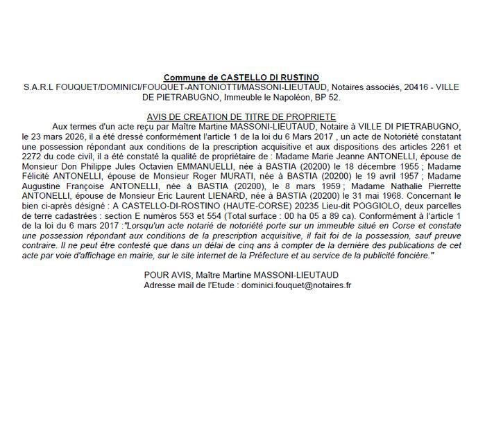 Avis de création de titre de propriété - Commune de Castellu di Rustinu (Cismonte)
