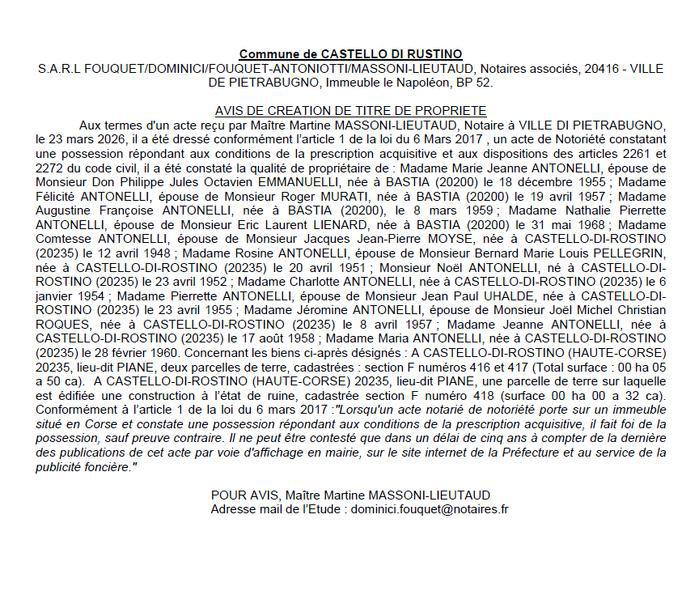 Avis de création de titre de propriété - Commune de Castellu di Rustinu (Cismonte)