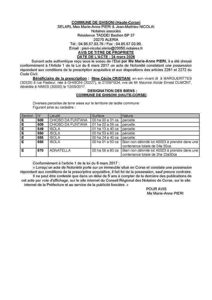 Avis de création de titre de propriété - Commune de Ghisoni (Cismonte)