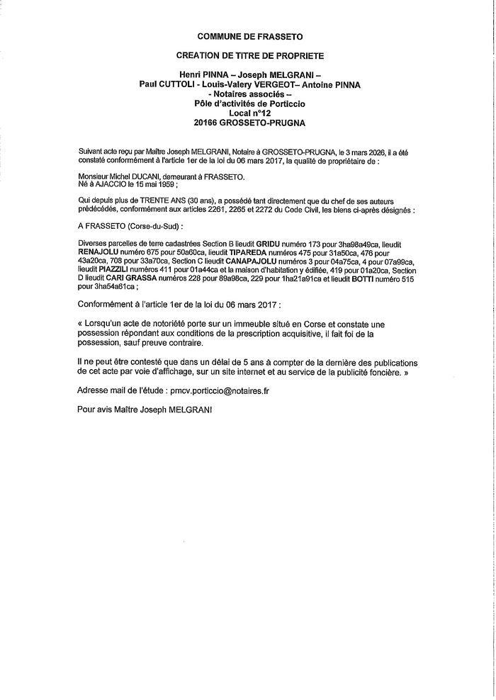 Avis de création de titre de propriété - Commune de Frassetu (Pumonti)
