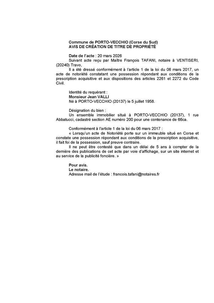 Avis de création de titre de propriété - Commune de Portivechju (Pumonti)