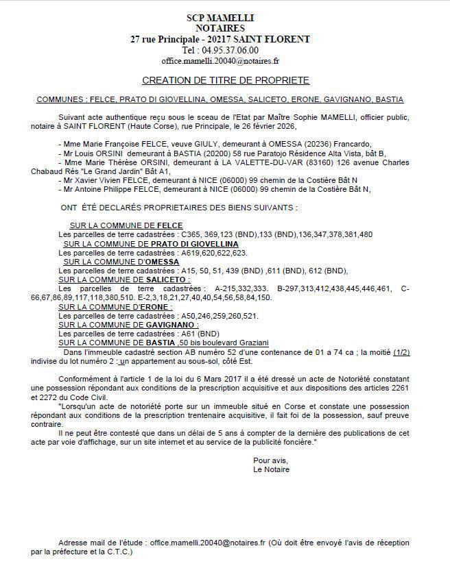 Avis de création de titre de propriété - Communes de Felge,U Pratu di Ghjuvellina, Omessa, U Salgetu, Erone, Gavignanu, Bastia (Cismonte)