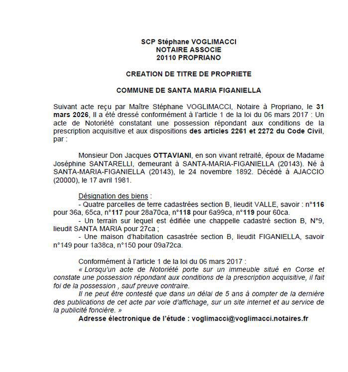 Avis de création de titre de propriété - Commune de Santa Maria Ficaniedda (Pumonti)