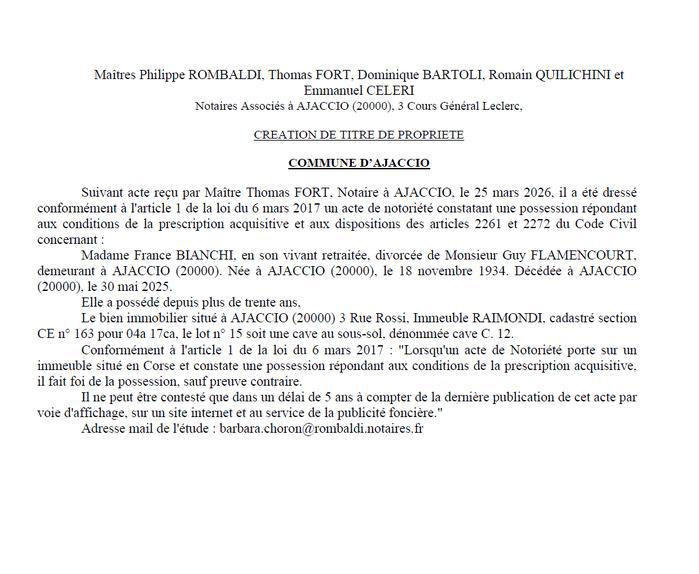 Avis de création de titre de propriété - Commune d'Aiacciu (Pumonti)