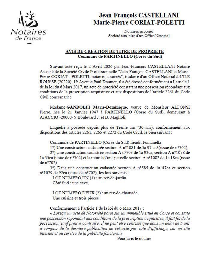 Avis de création de titre de propriété - Commune de Partinellu (Pumonti)