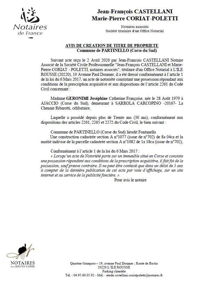 Avis de création de titre de propriété - Commune de Partinellu (Pumonti)