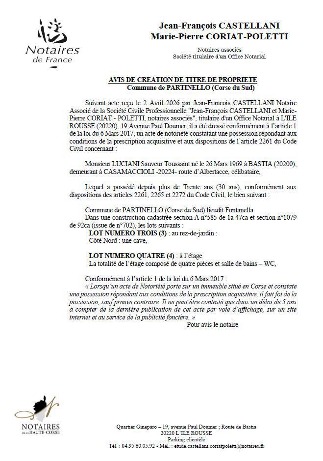 Avis de création de titre de propriété - Commune de Partinellu (Pumonti)