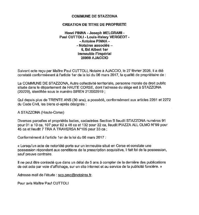 Avis de création de titre de propriété - Commune d'A Stazzona (Cismonte)