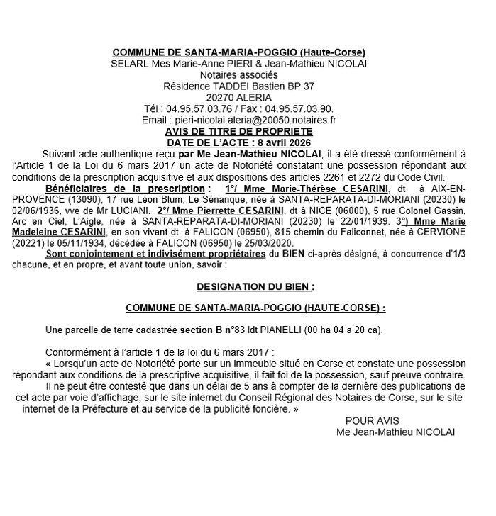 Avis de création de titre de propriété - Commune de Santa Maria Poghju (Cismonte)