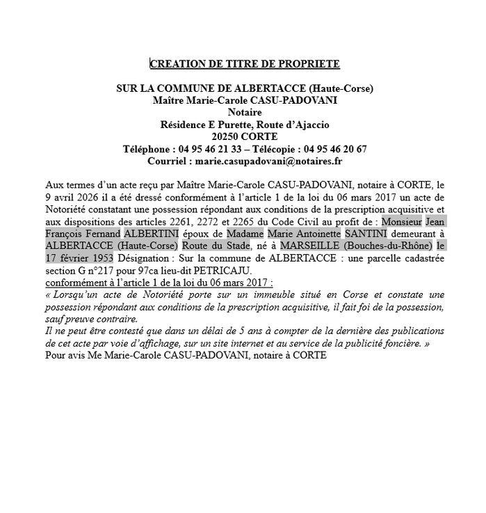 Avis de création de titre de propriété - Commune d'Albertacce (Cismonte)